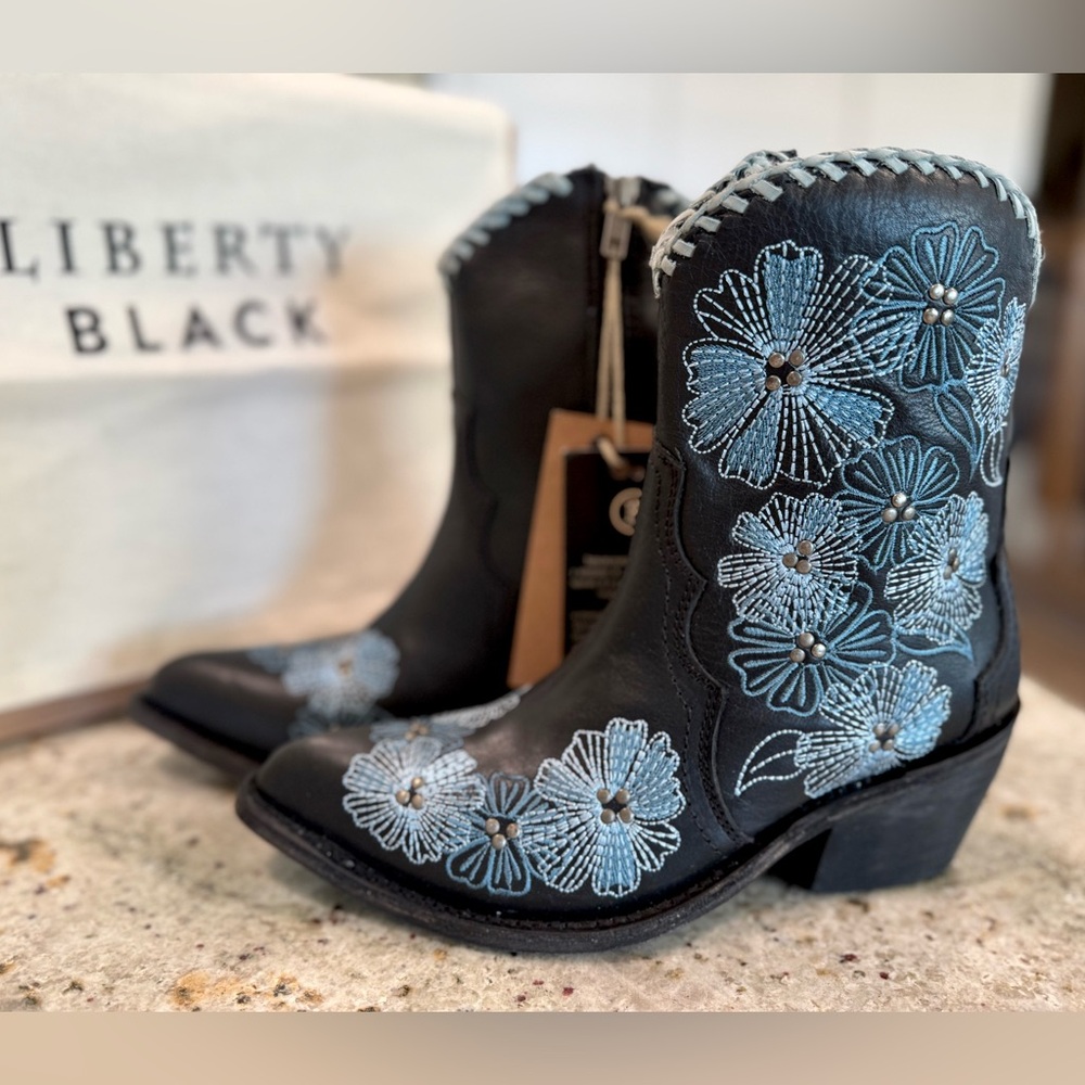 LIBERTY BLACK Boots with Embroidered Blue Floral Design NWT